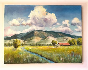 Mountain Farm Original Oil Painting Landscape with a Stream 12X16 Inches Farm House and Sheep