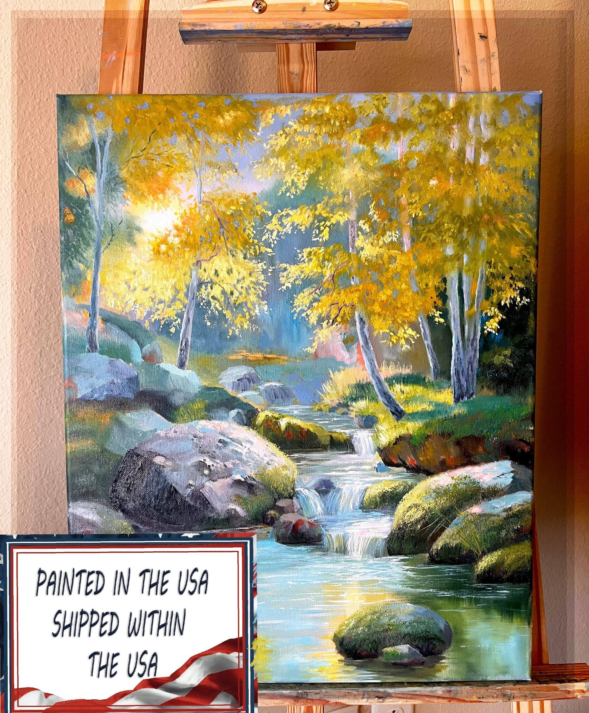 Waterfall Original Oil Painting Smoky Mountains River Autumn Landscape ...