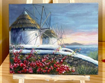 Santorini Oil Painting Original on Canvas Mills and Bougainvillea Flowers Greece Floral Scene Windmill