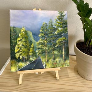Landscape Hand-Painted Pines Original Oil on Canvas Country Road Pine Trees Stormy Sky