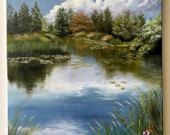 Peinture à l'huile originale de rivière : oeuvre de paysage de nénuphars 20 x 16