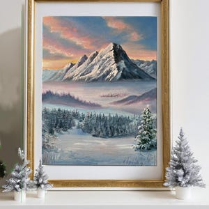 Winter Mountain Oil Painting: Snowy Pine Trees Landscape Art (11x14 inches)