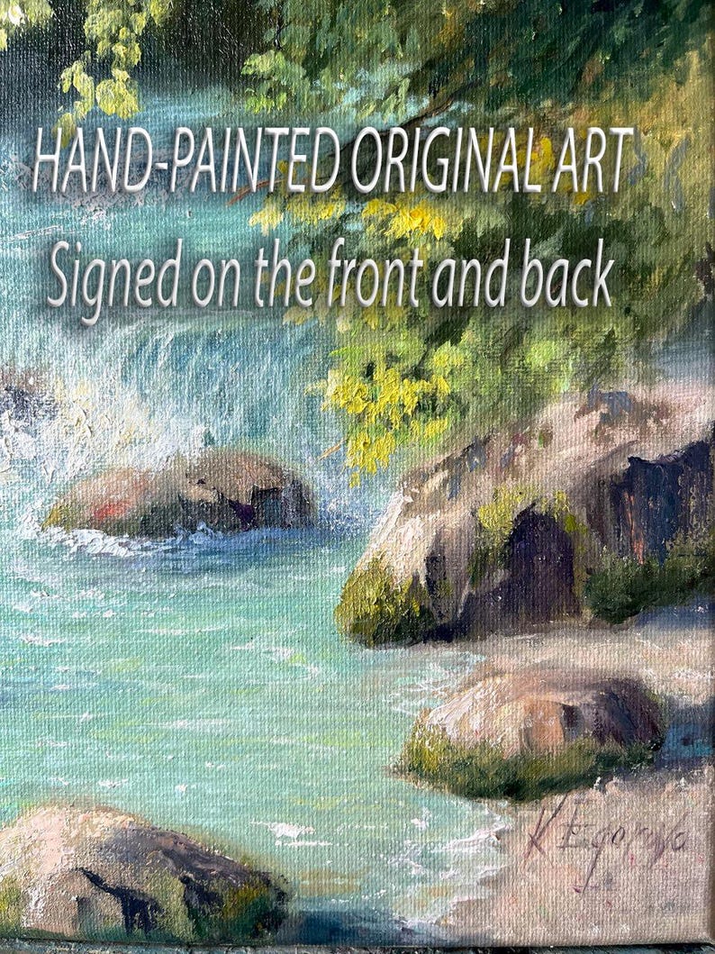 May include: Hand-painted original art signed on the front and back. The painting shows a tranquil river scene with turquoise water and moss-covered rocks. Green foliage frames the top of the artwork, creating a natural landscape.