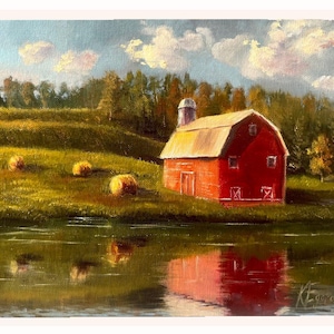May include: Oil painting of a red barn with a white roof and silo, set against a backdrop of green fields and trees. The scene includes hay bales and a reflective body of water under a cloudy sky.