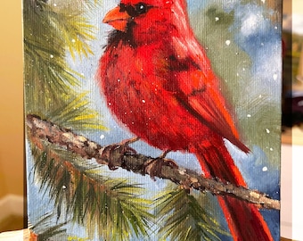 Cardinal Bird Original Oil Painting Fine Art Hand-Painted 5X7 Inches Stretched Canvas
