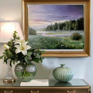 Hand-Painted Sunset Landscape Oil Painting: Summer Foggy Evening Art 20x16