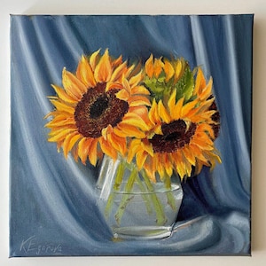 Original Oil Painting: Sunflowers in Glass Vase - 12x12 Canvas Art