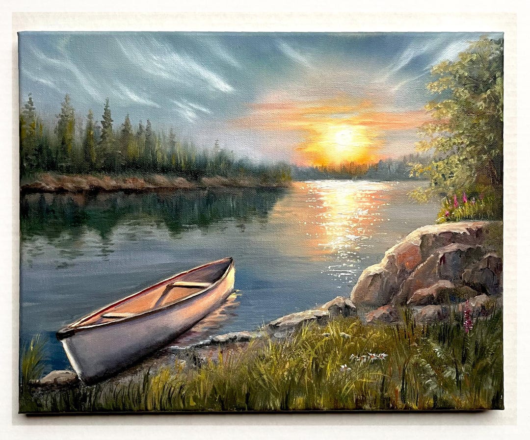 Original Lake Sunset Landscape Oil Painting on Canvas 11X14 Inches