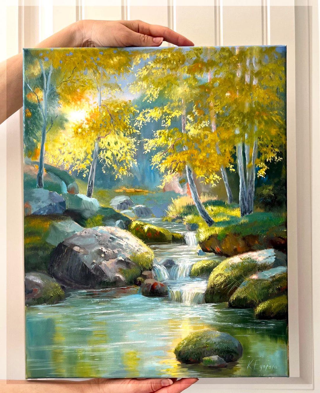 Waterfall Original Oil Painting Smoky Mountains River Autumn Landscape ...