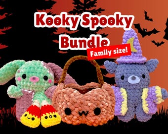 Kooky Spooky Beginner Halloween Crochet Amigurumi Bundle Featuring Wizard of Catwoodville, Bella the Zombie Bunny, Trick or treat Candy
