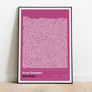 May include: A pink typography poster with white text that reads "Army Dreamers" by Kate Bush. The text is arranged in a swirling pattern.