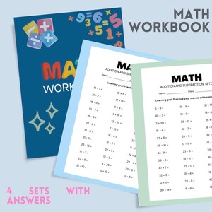 May include: A math workbook with a dark blue cover featuring colorful numbers and math symbols. Two interior pages are visible, displaying columns of addition and subtraction problems with the text MATH ADDITION AND SUBTRACTION.