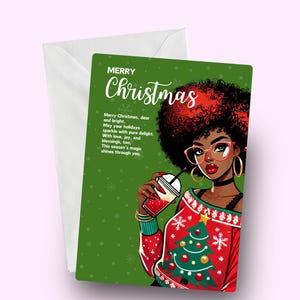 Tarjeta de Feliz Navidad, Tarjeta de Navidad para mujer negra, Saludo navideño con poema, Elegante tarjeta navideña para ella, Elegantes deseos navideños étnicos, Melanina