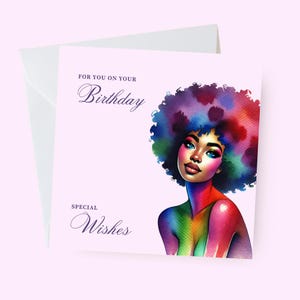 Schöne mehrfarbige Afro schwarze Frau Geburtstagskarte, spezielle Wünsche Grußkarte, afrocentric Karte, afroamerikanische Geburtstagswünsche
