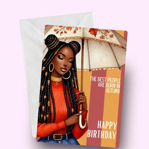 Carte d'anniversaire automne, Amoureux de l'automne, bébés automne, carte pour femme noire, afro-américaine, carte afrocentrique, carte mélanine, magie fille noire