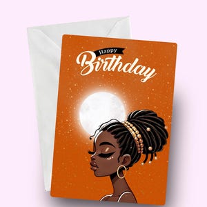 ハッピーバースデーカード、彼女のための月のカード、エレガントな誕生日の挨拶、黒人女性の魔法、黒人女性のための天体カード、月の美しさ、メラニン