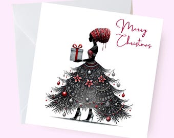 Black Woman Christmas Card, Artistic Afro Xmas Card, Beautiful Melanin Woman Card, Afrocentric Holiday Greeting, Stylish Xmas Card for her