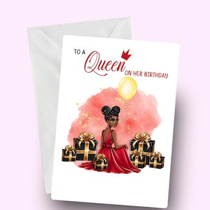 Biglietto di auguri di compleanno per donna nera, elegante ragazza nera con regali, elegante biglietto di auguri di compleanno, biglietto etnico per lei, capelli naturali, celebrazione africana
