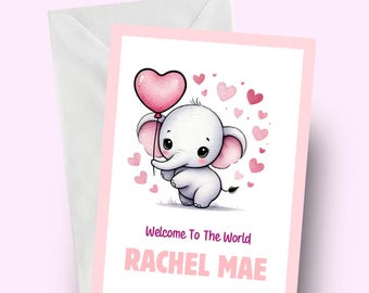 Personalised New Baby Card, Cute Elephant Design, Custom Baby Greeting, Adorable Baby Shower Card, Welcome Baby Card for Girls