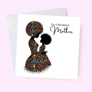 Künstlerische schwarze Mutter und Tochter Karte, lebendige Silhouette, für eine wunderbare Mutter, herzliche Muttertags- oder Geburtstagskarte, schwarze Mutterkarte