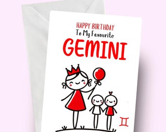 Happy Birthday Gemini Card, Favorite Gemini, Zodiac Birthday Greeting, Gemini Girl, Gemini twin, Card for Her, Astrology Card, Gemini Gift