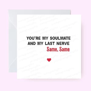 Tarjeta de alma gemela y último nervio, tarjeta de amor divertida, tarjeta humorística para él y ella, tarjeta de pareja con charlas reales, tarjeta linda para novio y esposo, divertida