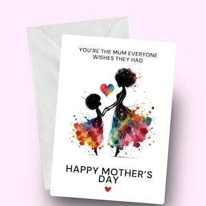 Tarjeta del Día de la Madre, mamá e hija negras, eres la mamá que todos desearían tener, saludo, tarjeta para mamá, tarjeta para el Día de la Madre, étnica