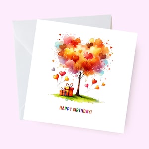 Elegant Tree Birthday Card, Heart-Shaped Splashes with Balloons, Tree Birthday Greeting, Stylish Celebration Card, Birthday for her, Nature
