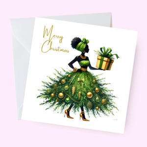 Tarjeta navideña de mujer negra, tarjeta navideña artística afro, hermosa tarjeta de mujer melanina, saludo festivo afrocéntrico, elegante tarjeta navideña para ella