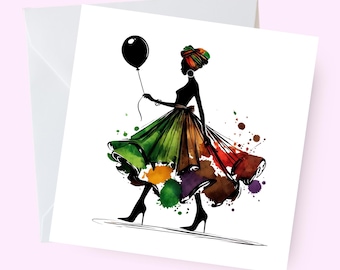 Biglietto di auguri ispirato all'Africa, arte della donna nera, biglietto quadrato elegante, biglietto di compleanno afrocentrico, biglietto di celebrazione culturale per lei, biglietto di auguri con donna nera