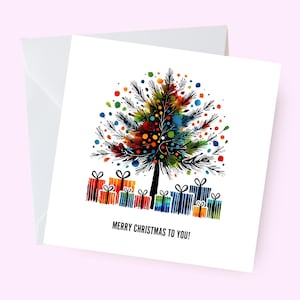 Tarjeta de árbol de Navidad artístico, tarjeta de Feliz Navidad, tarjeta elegante para las fiestas, tarjeta festiva moderna, deseos navideños modernos, tarjeta navideña abstracta