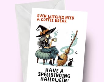 Tarjeta de Halloween con una bruja divertida, linda tarjeta de Halloween para ella, saludo de Halloween fascinante, bruja peculiar, deseos espeluznantes, Halloween mágico