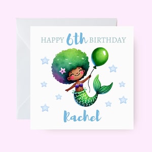 Carte d'anniversaire personnalisée sirène noire, carte d'anniversaire pour enfants, carte d'anniversaire sur le thème de la sirène, joyeux anniversaire petite sirène, carte pour enfants