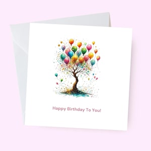 Jolie carte d'anniversaire arbre et ballon | Carte d'anniversaire pour elle | arbre de Noël | Carte d'anniversaire pour un ami, un collègue ou un membre de la famille | Carte carrée