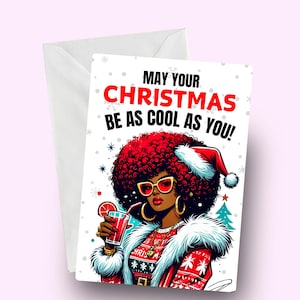 Tarjeta navideña genial para mujer negra, Que tengas una feliz Navidad, Tarjeta navideña elegante para mujer negra, Tarjeta navideña con melanina para ella, Deseos festivos