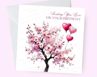 Pretty Tree and Hearts Birthday Card | Cherry Blossom | Birthday Card for Her | Floral Card | Birthday Card for a friend colleague or family