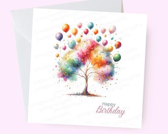 Pretty Tree and Balloons Birthday Card | Birthday Card for Her | Floral Card | Birthday Card for a friend colleague partner or family member