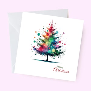 Cartão de Feliz Natal, Árvore de Natal artística multicolorida, Saudação de Natal quadrada elegante, Cartão de Natal moderno, Desejos festivos de Natal