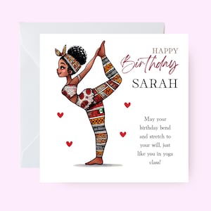 Carte d'anniversaire yoga personnalisée, pose de danseur roi femme noire, carte d'anniversaire sur le thème du yoga, carte afrocentrique, carte personnalisée pour yogi noir, afro