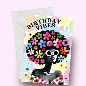 Cartão de aniversário afro, cartão de aniversário de mulher negra, cartão de aniversário étnico, cartão de mulher afro floral, cartões de melanina, cartão de aniversário para ela