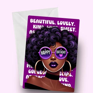 Cartão de aniversário de mulher negra, saudação elegante para ela, cartão de aniversário estiloso, garota negra arrasa, celebração afrocêntrica, aniversário de melanina
