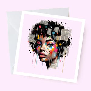 Carte artistique contemporaine pour elle, belle femme noire, art noir moderne, carte élégante pour elle, carte unique mélanine, filles noires rock
