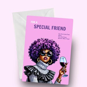 Zoals goede wijn, zwarte vrouw verjaardagskaart, voor haar, vriendschap, afrokaarten, stijlvol, etnisch, divers, Afro-Amerikaanse zwarte dame met afro