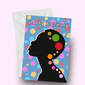 Tarjeta de cumpleaños con silueta afro, tarjeta para mujer negra, tarjeta de felicitación de cumpleaños negra, saludo artístico afrocéntrico para ella, tarjeta étnica para ella