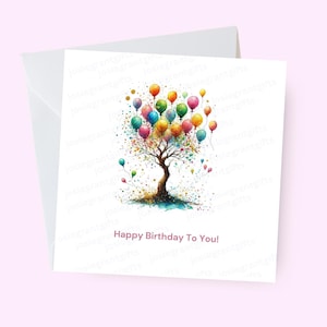 Pretty Tree and Balloon Birthday Card | Birthday Card for Her | Tree Card | Birthday Card for friend colleague or family | Square Card
