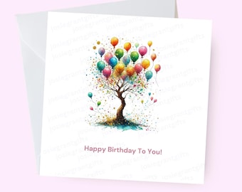 Pretty Tree and Balloon Birthday Card | Birthday Card for Her | Tree Card | Birthday Card for friend colleague or family | Square Card