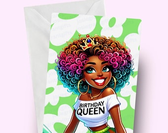 Birthday Queen Card, Black Woman card, Stylish Birthday Card, Afrocentric Card, Melanin Art, African American Card, Birthday Card for her