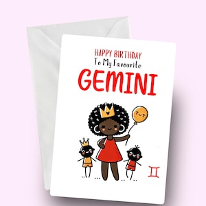 Gelukkige verjaardag Gemini-kaart, zwarte Tweeling, dierenriem verjaardagskaart, Afro Tweeling vrouw, Tweeling tweeling, kaart voor zwarte vrouw, astrologie, juni Born