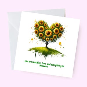 Tarjeta con forma de corazón y girasol, tarjeta con flores para ella, linda tarjeta con motivos naturales, tarjeta para amantes de la naturaleza, tarjeta sincera para ella, tarjeta floral, tarjeta con girasol