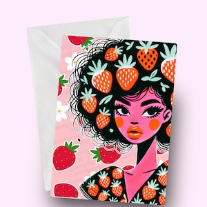 Tarjeta de mujer afro con temática de fresa, magia de niña negra, diseño afrocéntrico vibrante, tarjeta de celebración artística de fresa, étnica, melanina